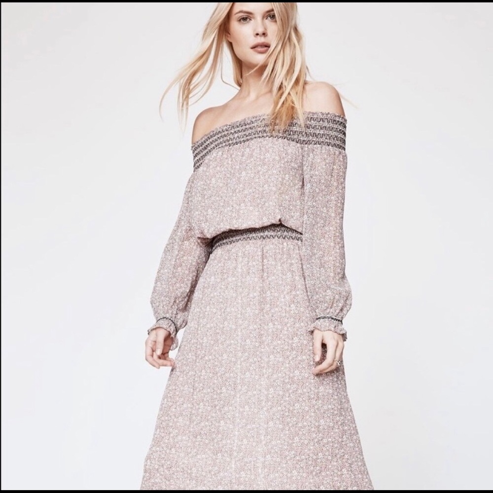 Rebecca Minkoff Cara Dress in Bellini Off Shoulder Smocked Floral Maxi